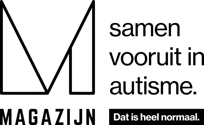 Logo van Magazijn076. Een grafische M gevormd met lijnen. De naam Magazijn en de slogan van Magazijn: Samen vooruit in autisme. Dat is heel normaal. 
